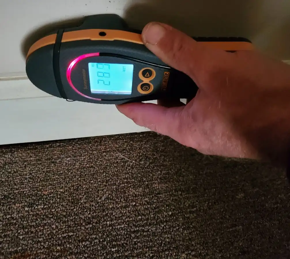 Moisture detection at baseboard during Storm Damage Restoration in Robinson